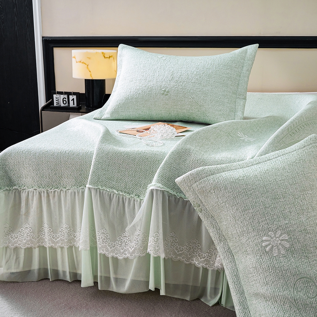 91家纺网 家纺一手货源 找家纺 青雅席业 2026年新款A类提花工艺（提花双面）凉感豆豆席床裙款 床单款-雾里看花-绿