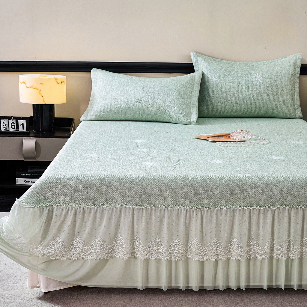 91家纺网 家纺一手货源 找家纺 青雅席业 2026年新款A类提花工艺（提花双面）凉感豆豆席床裙款 床单款-雾里看花-绿