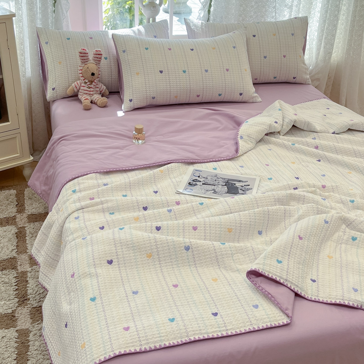 91家纺网 家纺一手货源 找家纺 一加一 2026春夏新款全棉立体华夫格数码印花大豆夏被四件套 伊柠