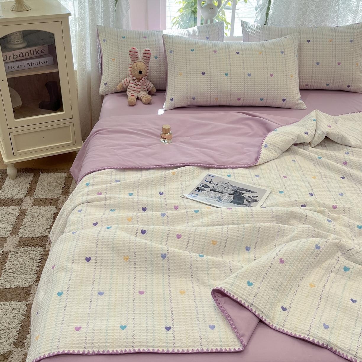 91家纺网 家纺一手货源 找家纺 一加一 2026春夏新款全棉立体华夫格数码印花大豆夏被四件套 伊柠