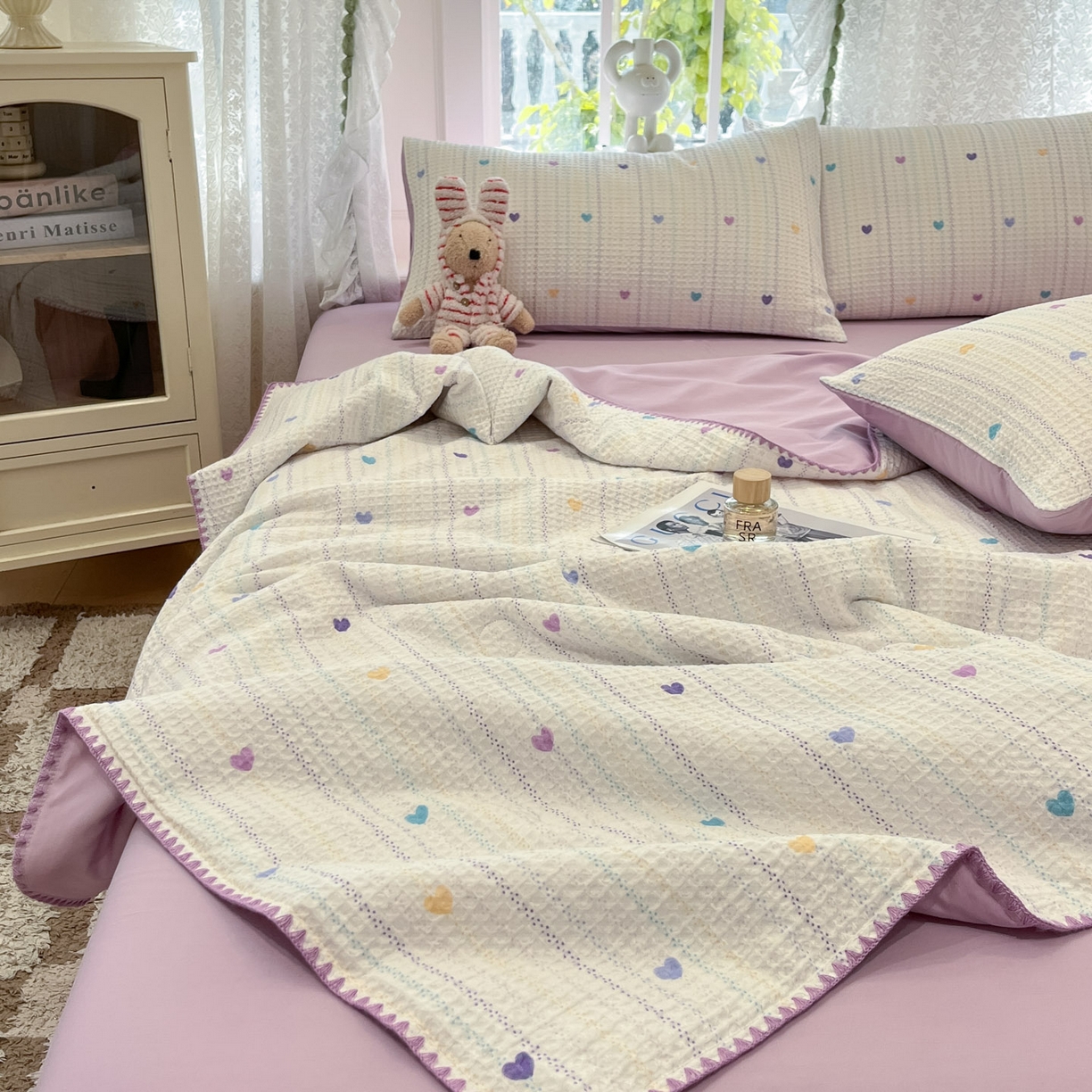 91家纺网 家纺一手货源 找家纺 一加一 2026春夏新款全棉立体华夫格数码印花大豆夏被四件套 伊柠