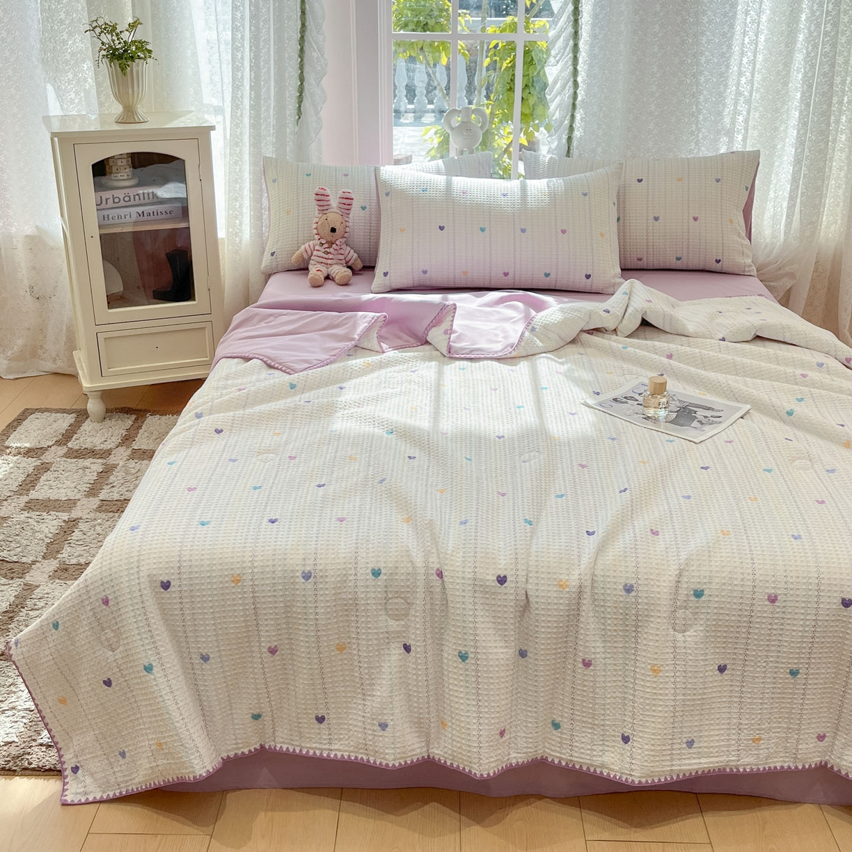 91家纺网 家纺一手货源 找家纺 一加一 2026春夏新款全棉立体华夫格数码印花大豆夏被四件套 伊柠