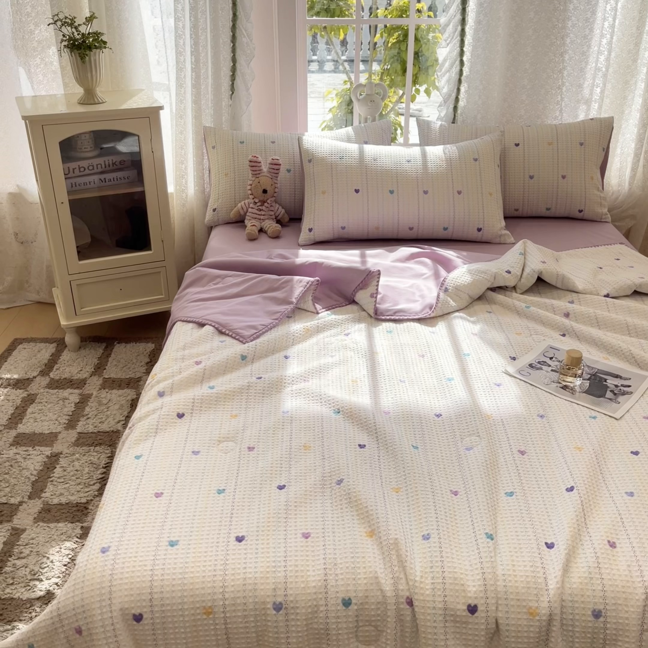 91家纺网 家纺一手货源 找家纺 一加一 2026春夏新款全棉立体华夫格数码印花大豆夏被四件套 伊柠