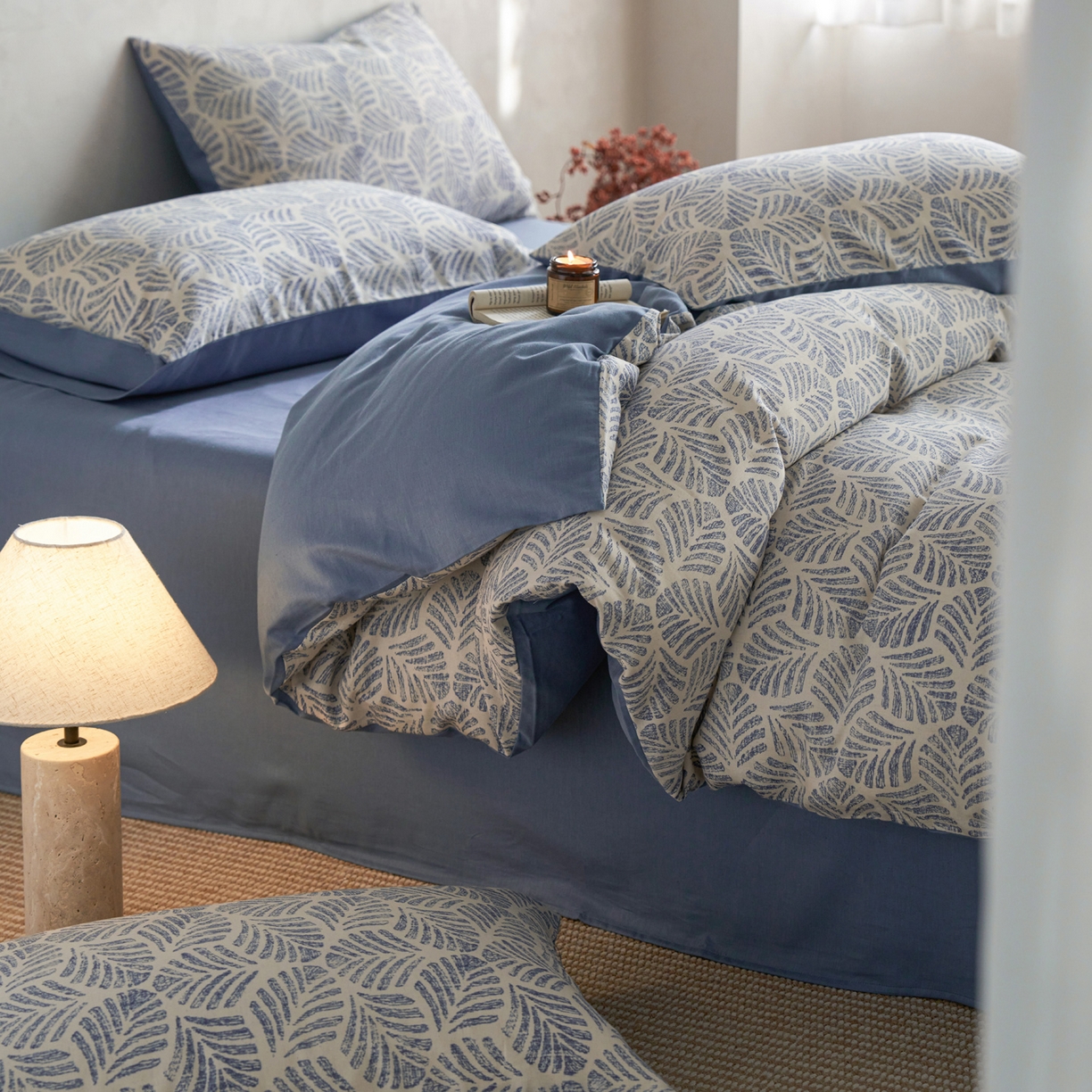 91家纺网 家纺一手货源 找家纺 如一 2026新款A类复古全棉棉麻印花四件套-第二批 叶蓝