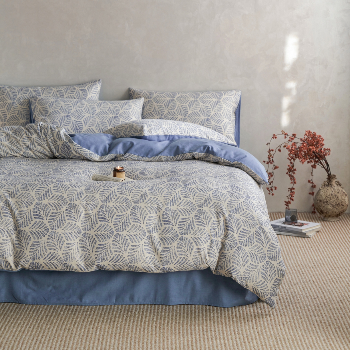 91家纺网 家纺一手货源 找家纺 如一 2026新款A类复古全棉棉麻印花四件套-第二批 叶蓝