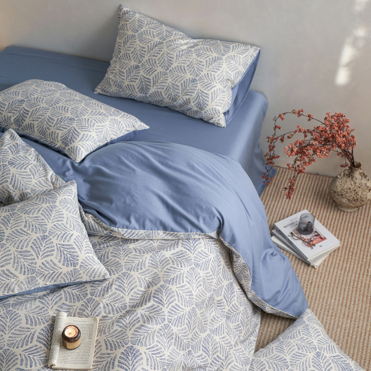 91家纺网 家纺一手货源 找家纺 如一 2026新款A类复古全棉棉麻印花四件套-第二批 叶蓝