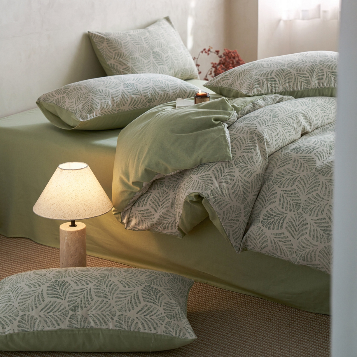 91家纺网 家纺一手货源 找家纺 如一 2026新款A类复古全棉棉麻印花四件套-第二批 叶绿