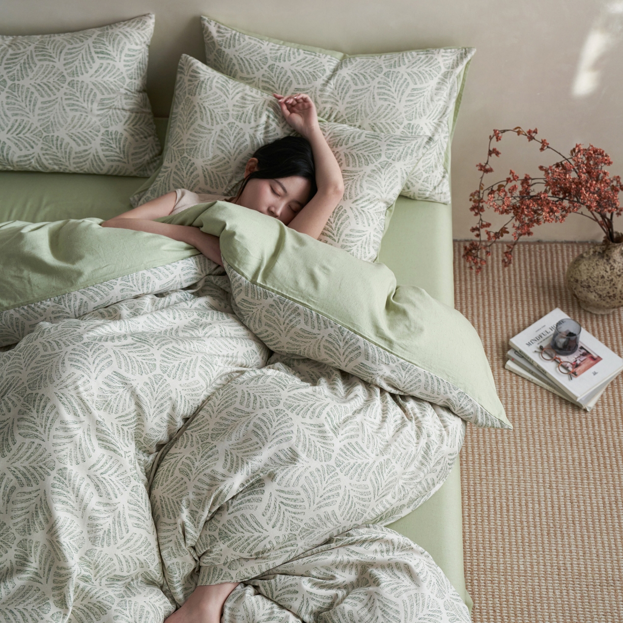 91家纺网 家纺一手货源 找家纺 如一 2026新款A类复古全棉棉麻印花四件套-第二批 叶绿