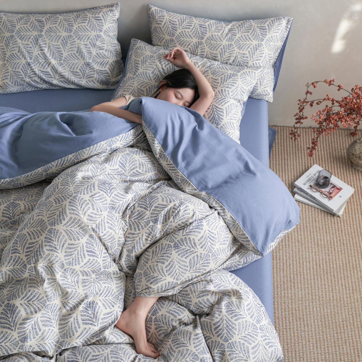 91家纺网 家纺一手货源 找家纺 如一 2026新款A类复古全棉棉麻印花四件套-第二批 叶蓝