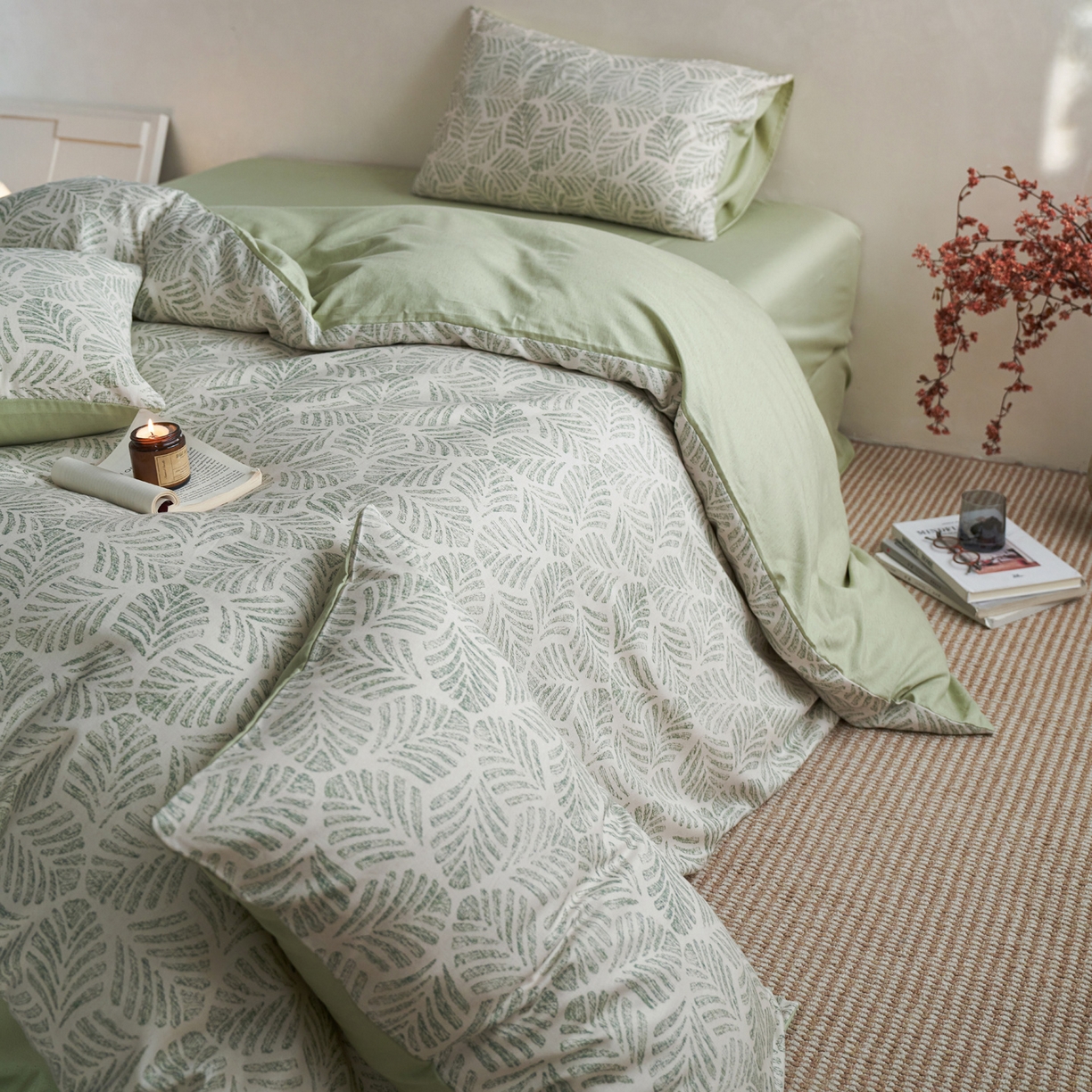 91家纺网 家纺一手货源 找家纺 如一 2026新款A类复古全棉棉麻印花四件套-第二批 叶绿