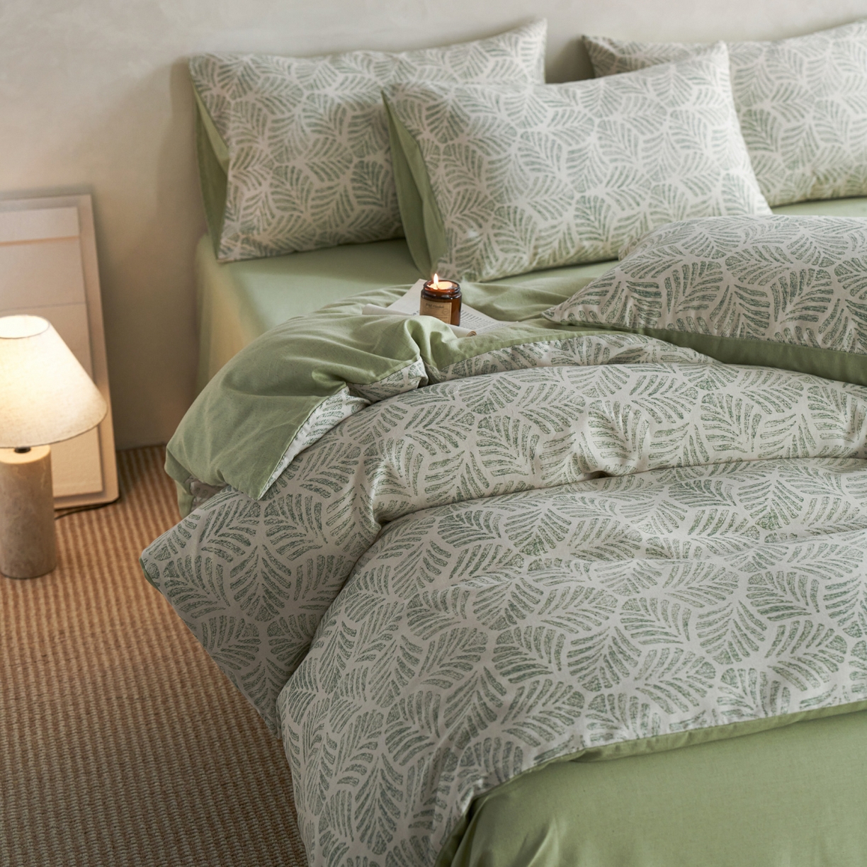 91家纺网 家纺一手货源 找家纺 如一 2026新款A类复古全棉棉麻印花四件套-第二批 叶绿