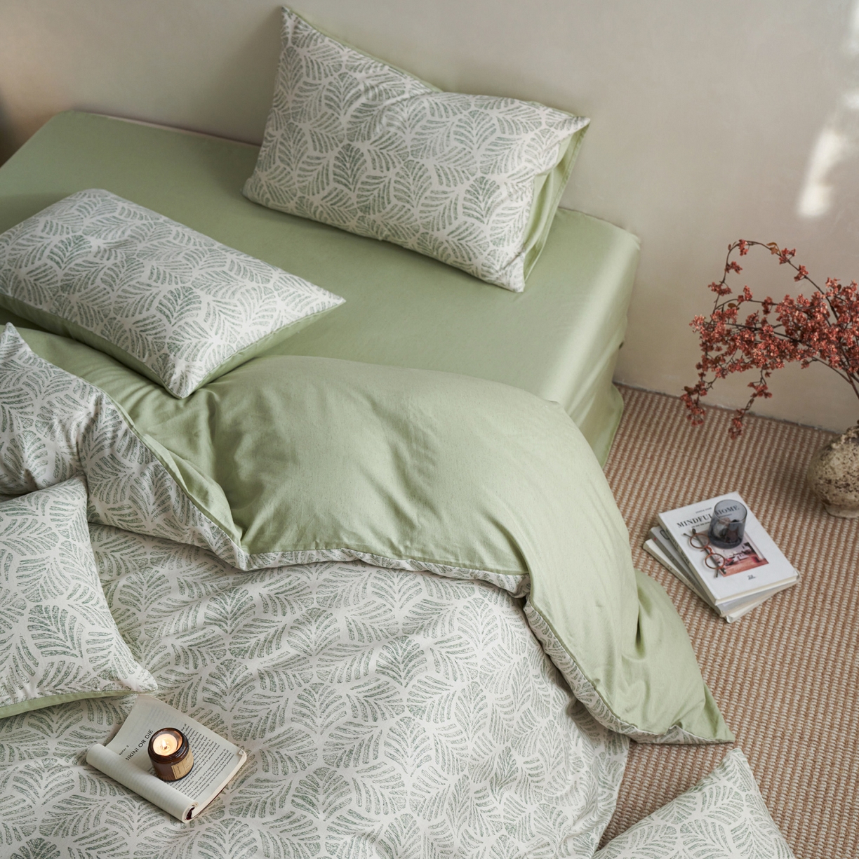 91家纺网 家纺一手货源 找家纺 如一 2026新款A类复古全棉棉麻印花四件套-第二批 叶绿