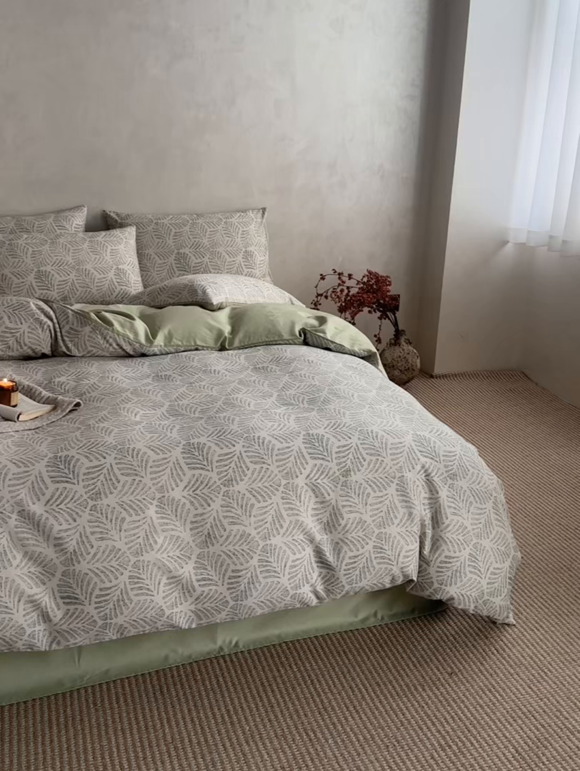 91家纺网 家纺一手货源 找家纺 如一 2026新款A类复古全棉棉麻印花四件套-第二批 叶绿