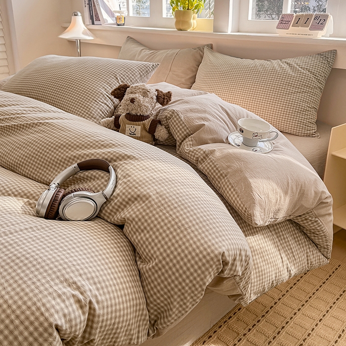 91家纺网 家纺一手货源 找家纺 梦依依 2026新款全棉色织水洗棉拉链款四件套 琥珀灰