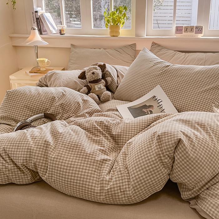 91家纺网 家纺一手货源 找家纺 梦依依 2026新款全棉色织水洗棉拉链款四件套 琥珀灰