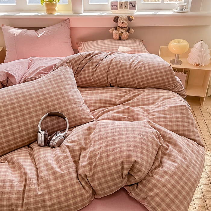 91家纺网 家纺一手货源 找家纺 梦依依 2026新款全棉色织水洗棉拉链款四件套 浣花粉