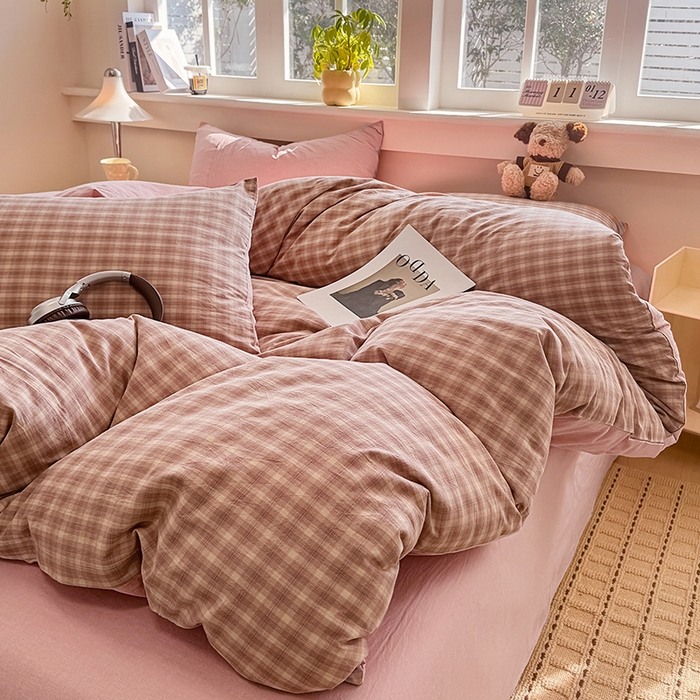 91家纺网 家纺一手货源 找家纺 梦依依 2026新款全棉色织水洗棉拉链款四件套 浣花粉