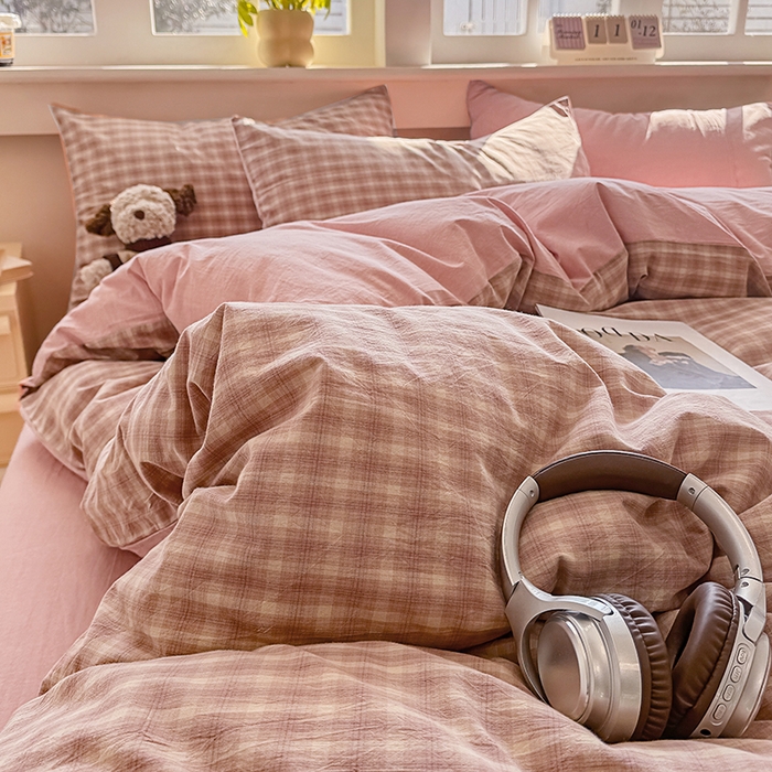 91家纺网 家纺一手货源 找家纺 梦依依 2026新款全棉色织水洗棉拉链款四件套 浣花粉