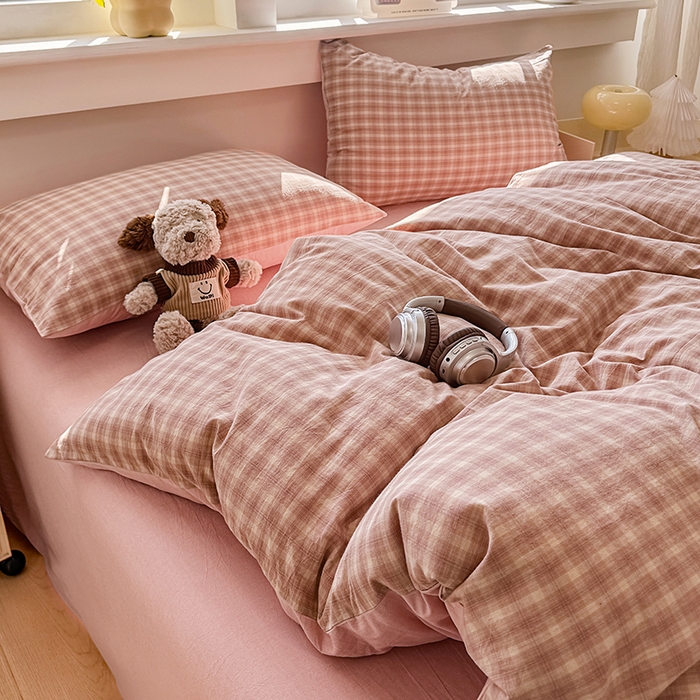 91家纺网 家纺一手货源 找家纺 梦依依 2026新款全棉色织水洗棉拉链款四件套 浣花粉