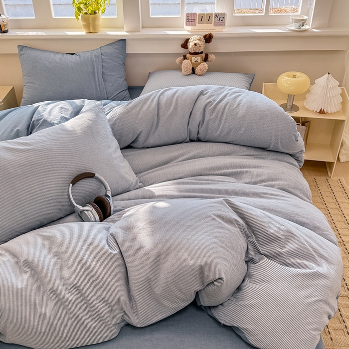 91家纺网 家纺一手货源 找家纺 梦依依 2026新款全棉色织水洗棉拉链款四件套 蓝细条