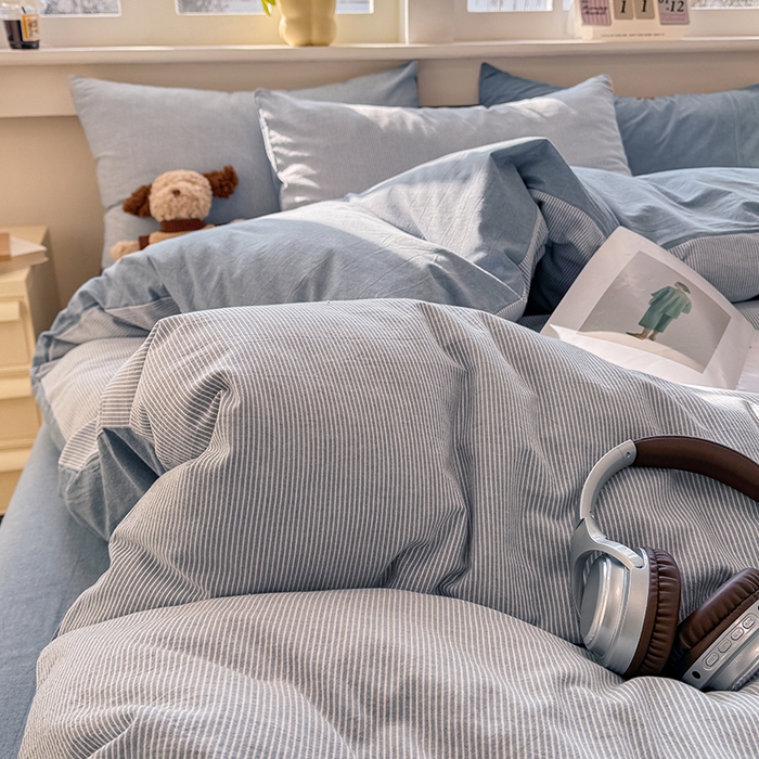 91家纺网 家纺一手货源 找家纺 梦依依 2026新款全棉色织水洗棉拉链款四件套 蓝细条