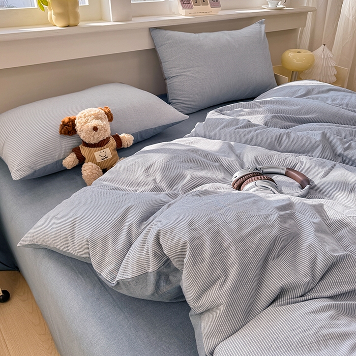 91家纺网 家纺一手货源 找家纺 梦依依 2026新款全棉色织水洗棉拉链款四件套 蓝细条