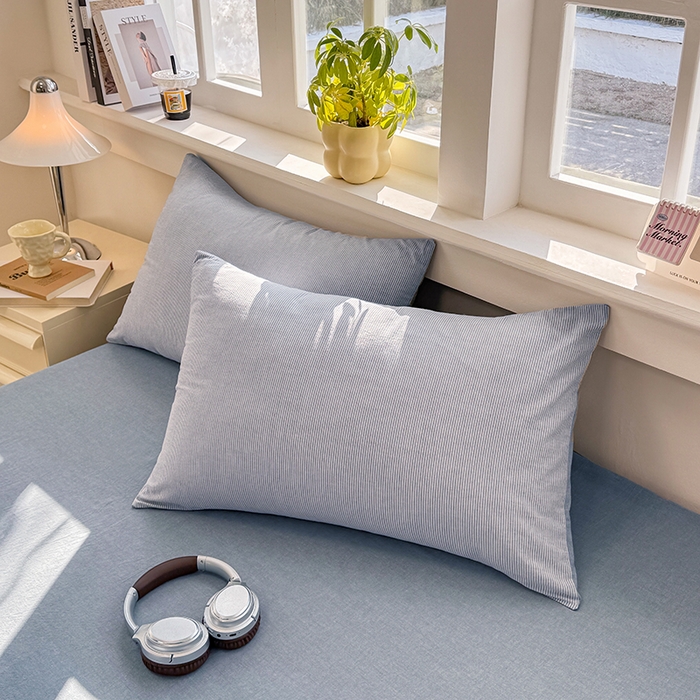 91家纺网 家纺一手货源 找家纺 梦依依 2026新款全棉色织水洗棉拉链款四件套 蓝细条