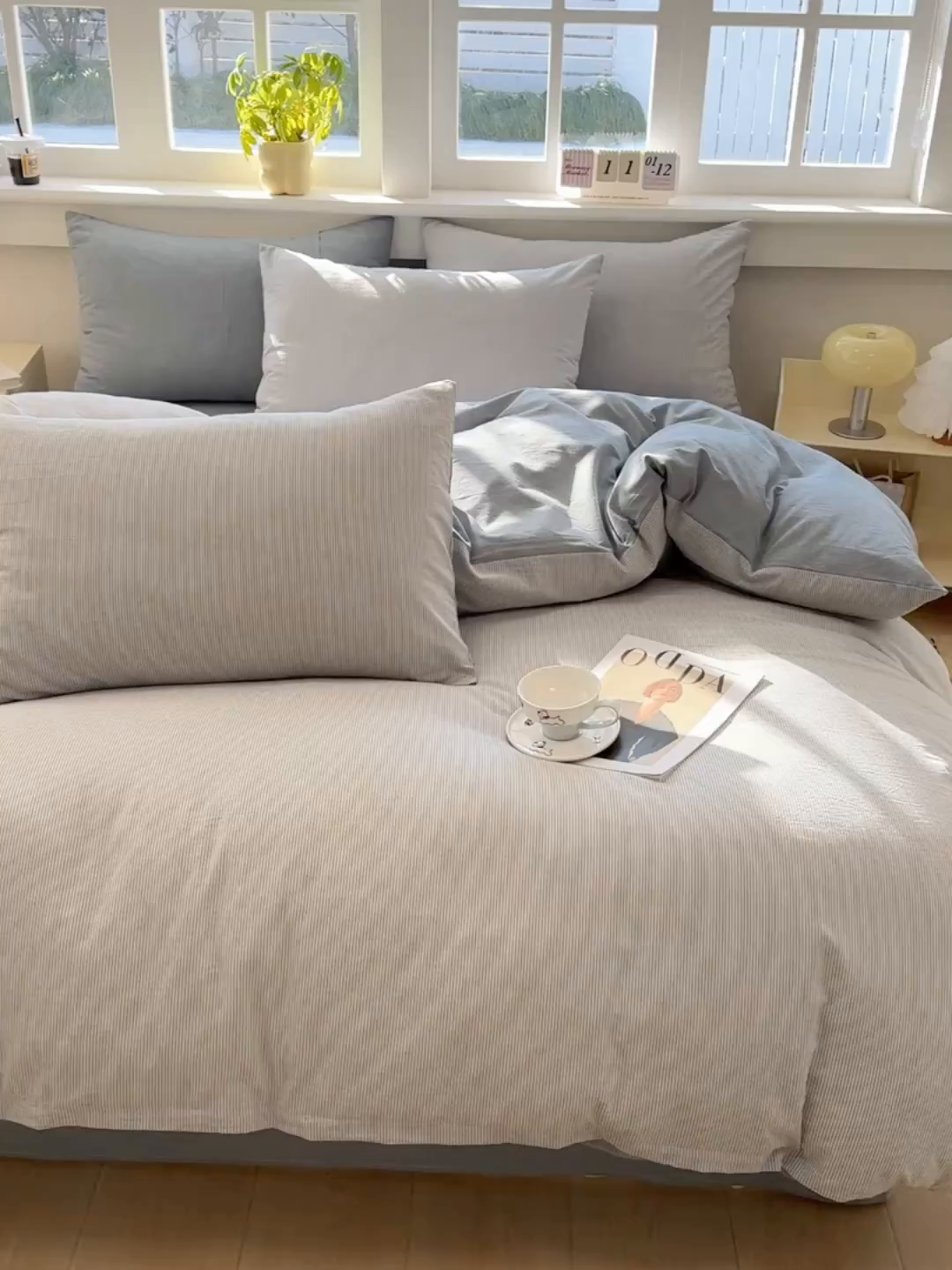 91家纺网 家纺一手货源 找家纺 梦依依 2026新款全棉色织水洗棉拉链款四件套 蓝细条