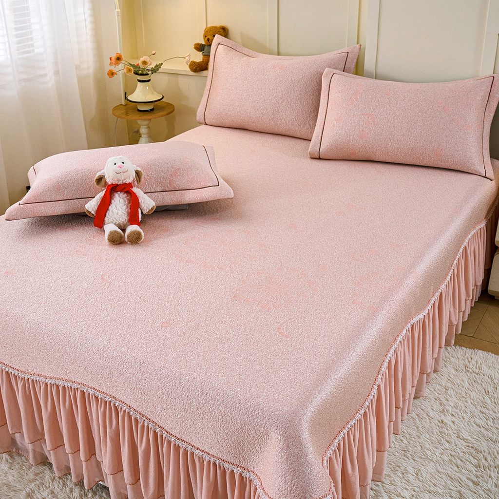 91家纺网 家纺一手货源 找家纺 青雅席业 2026年新款A类提花工艺凉感豆豆席床单款-水中花 床单款-水中花-粉