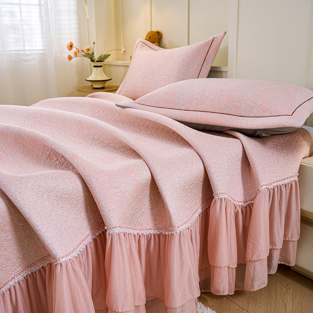 91家纺网 家纺一手货源 找家纺 青雅席业 2026年新款A类提花工艺凉感豆豆席床单款-水中花 床单款-水中花-粉