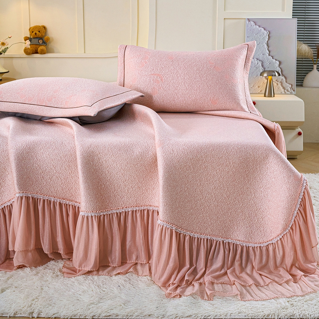 91家纺网 家纺一手货源 找家纺 青雅席业 2026年新款A类提花工艺凉感豆豆席床单款-水中花 床单款-水中花-粉