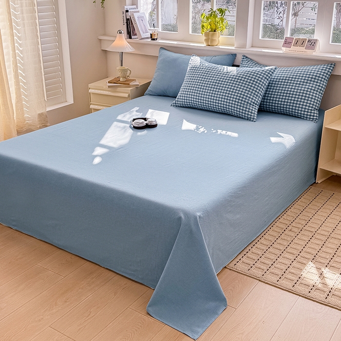 91家纺网 家纺一手货源 找家纺 梦依依 2026新款全棉色织水洗棉拉链款四件套 蓝小格