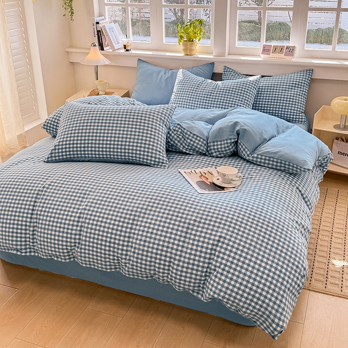 91家纺网 家纺一手货源 找家纺 梦依依 2026新款全棉色织水洗棉拉链款四件套 蓝小格