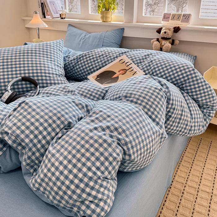 91家纺网 家纺一手货源 找家纺 梦依依 2026新款全棉色织水洗棉拉链款四件套 蓝小格