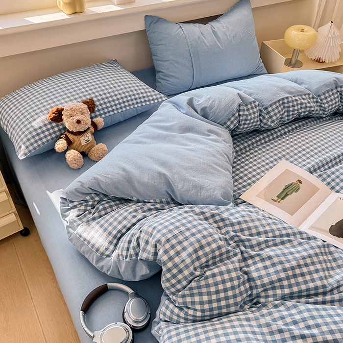 91家纺网 家纺一手货源 找家纺 梦依依 2026新款全棉色织水洗棉拉链款四件套 蓝小格