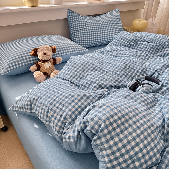 91家纺网 家纺一手货源 找家纺 梦依依 2026新款全棉色织水洗棉拉链款四件套 蓝小格