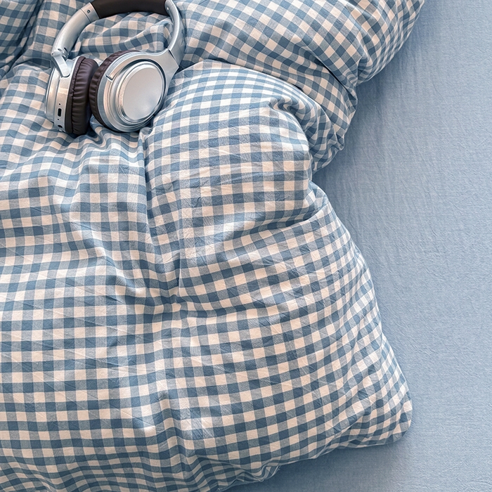 91家纺网 家纺一手货源 找家纺 梦依依 2026新款全棉色织水洗棉拉链款四件套 蓝小格