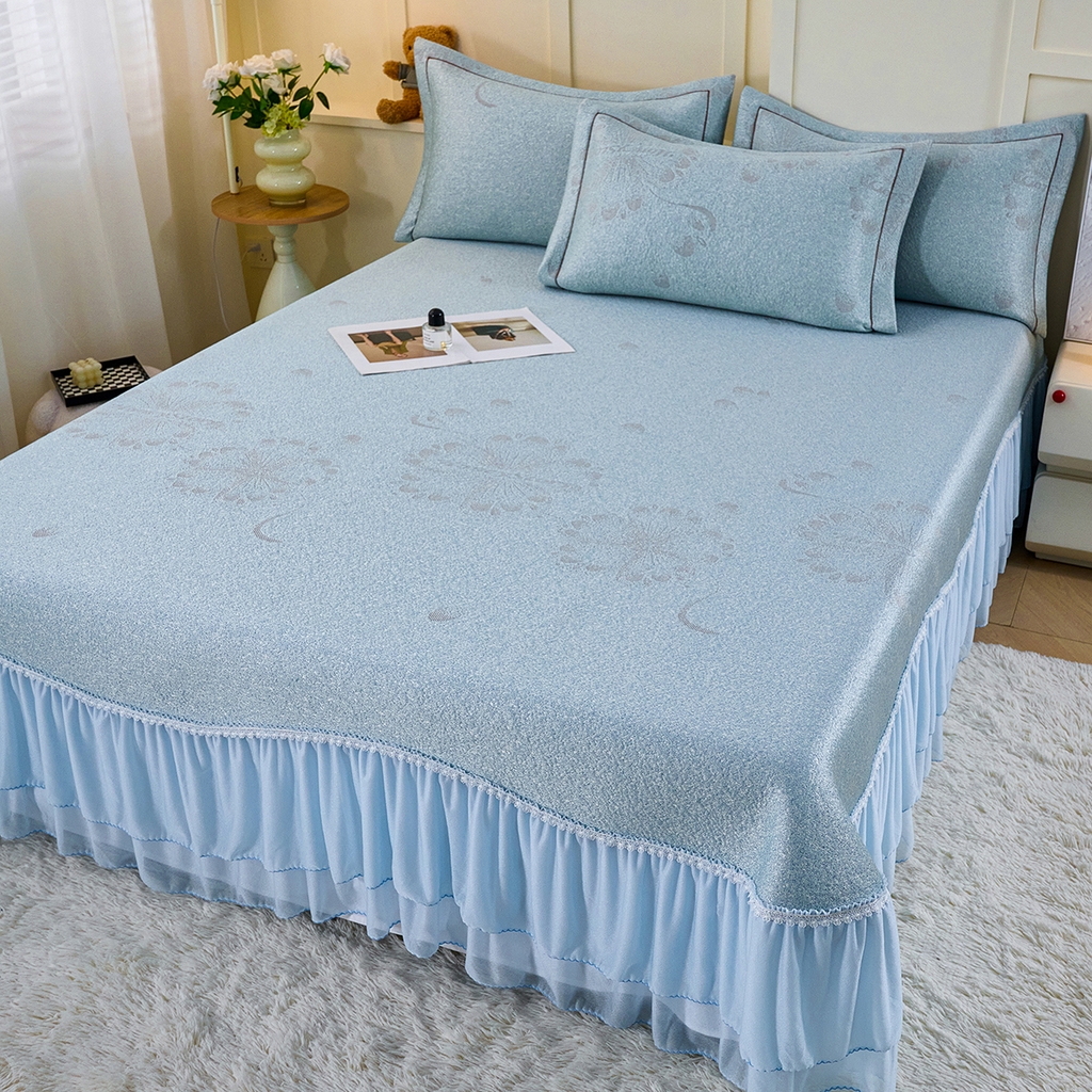 91家纺网 家纺一手货源 找家纺 青雅席业 2026年新款A类提花工艺凉感豆豆席床单款-水中花 床单款-水中花-蓝