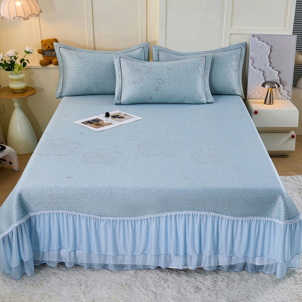 青雅席业 2026年新款A类提花工艺凉感豆豆席床单款-水中花 床单款-水中花-蓝