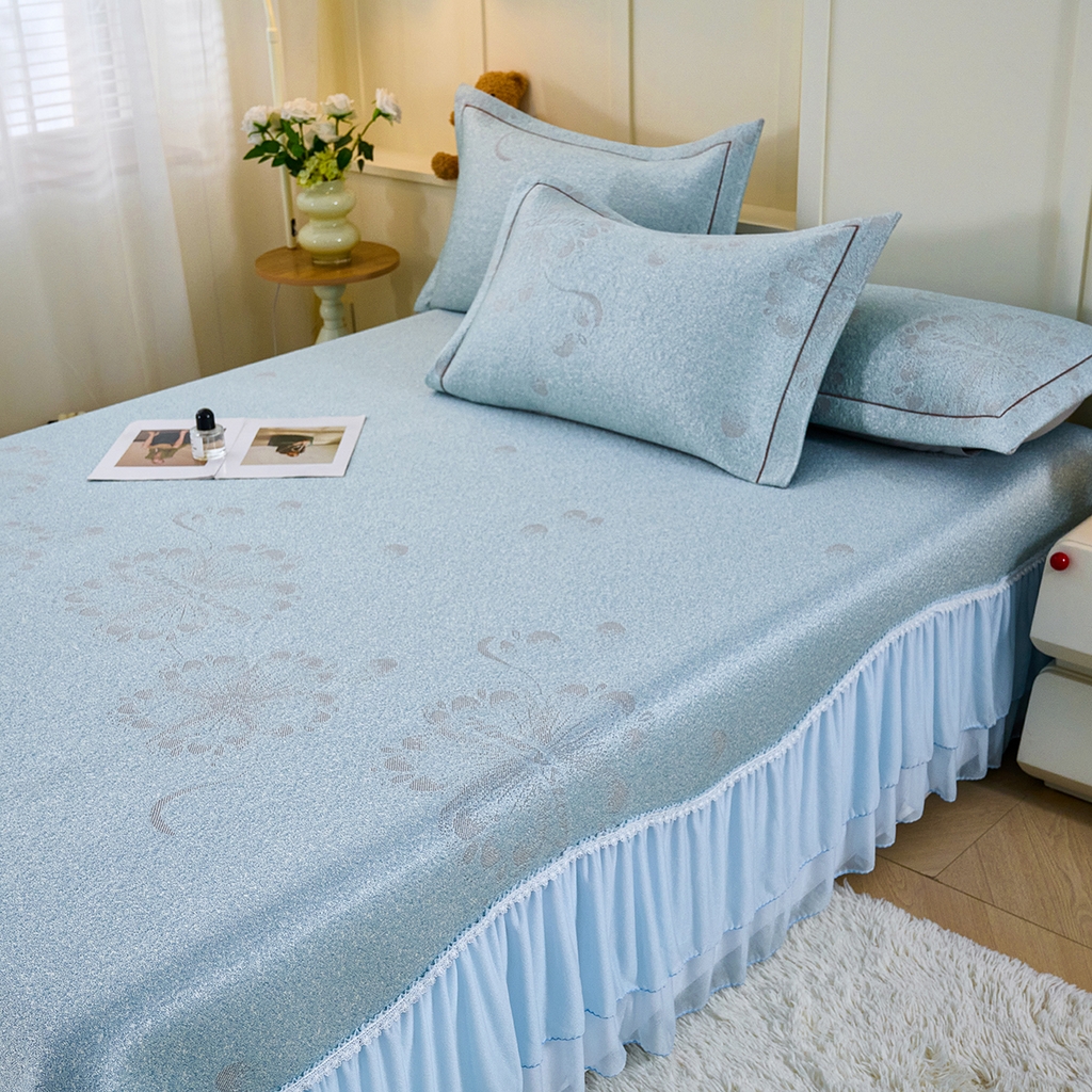 91家纺网 家纺一手货源 找家纺 青雅席业 2026年新款A类提花工艺凉感豆豆席床单款-水中花 床单款-水中花-蓝