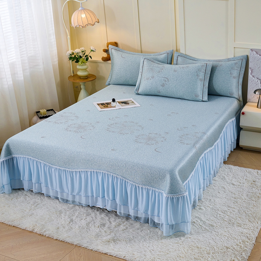 91家纺网 家纺一手货源 找家纺 青雅席业 2026年新款A类提花工艺凉感豆豆席床单款-水中花 床单款-水中花-蓝