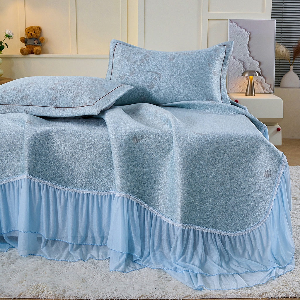 91家纺网 家纺一手货源 找家纺 青雅席业 2026年新款A类提花工艺凉感豆豆席床单款-水中花 床单款-水中花-蓝