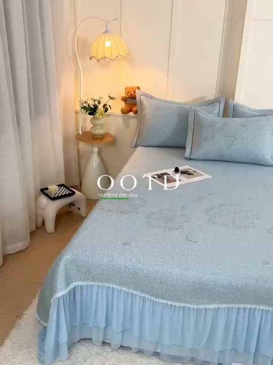 91家纺网 家纺一手货源 找家纺 青雅席业 2026年新款A类提花工艺凉感豆豆席床单款-水中花 床单款-水中花-蓝