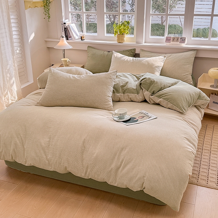 91家纺网 家纺一手货源 找家纺 梦依依 2026新款全棉色织水洗棉拉链款四件套 玛丽绿