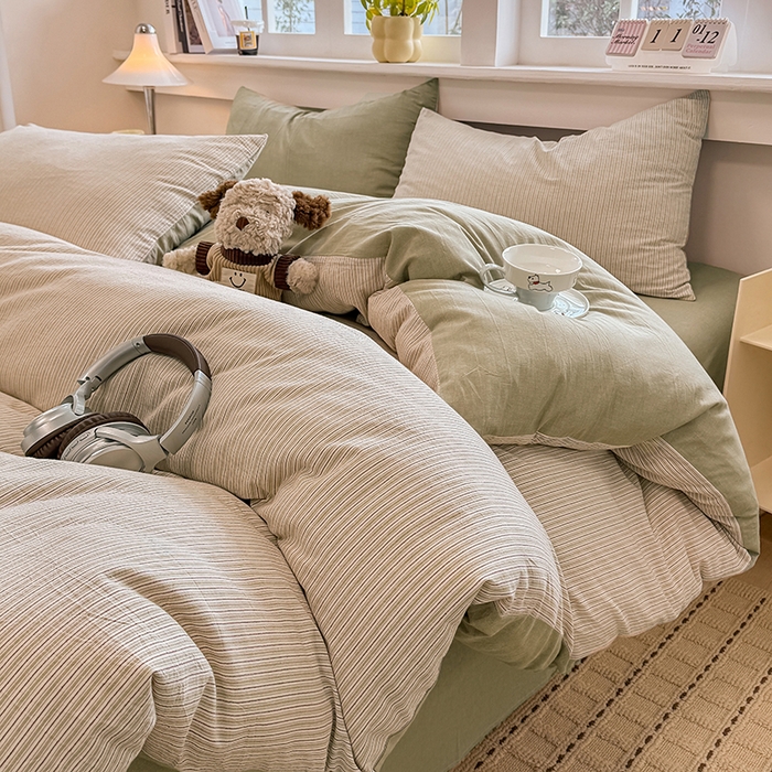 91家纺网 家纺一手货源 找家纺 梦依依 2026新款全棉色织水洗棉拉链款四件套 玛丽绿