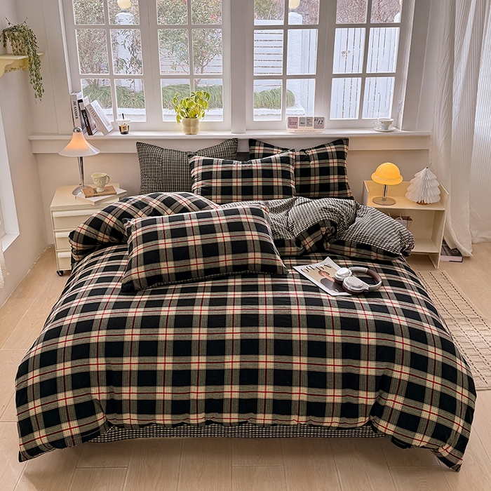 91家纺网 家纺一手货源 找家纺 梦依依 2026新款全棉色织水洗棉拉链款四件套 木槿黑