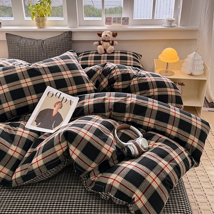 91家纺网 家纺一手货源 找家纺 梦依依 2026新款全棉色织水洗棉拉链款四件套 木槿黑