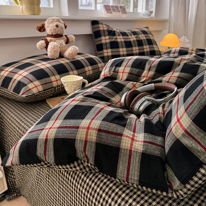 91家纺网 家纺一手货源 找家纺 梦依依 2026新款全棉色织水洗棉拉链款四件套 木槿黑