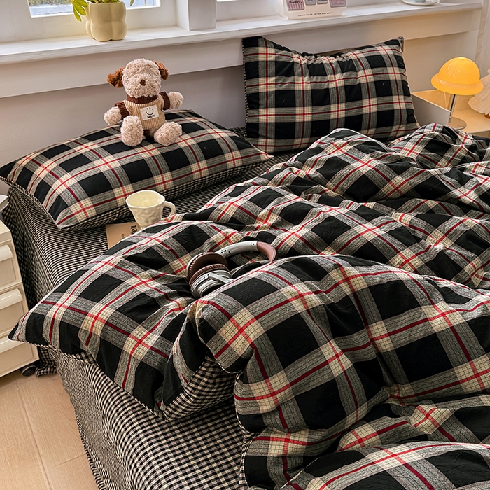 91家纺网 家纺一手货源 找家纺 梦依依 2026新款全棉色织水洗棉拉链款四件套 木槿黑