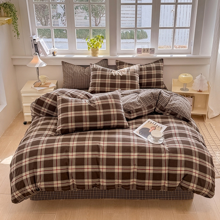 91家纺网 家纺一手货源 找家纺 梦依依 2026新款全棉色织水洗棉拉链款四件套 木槿咖